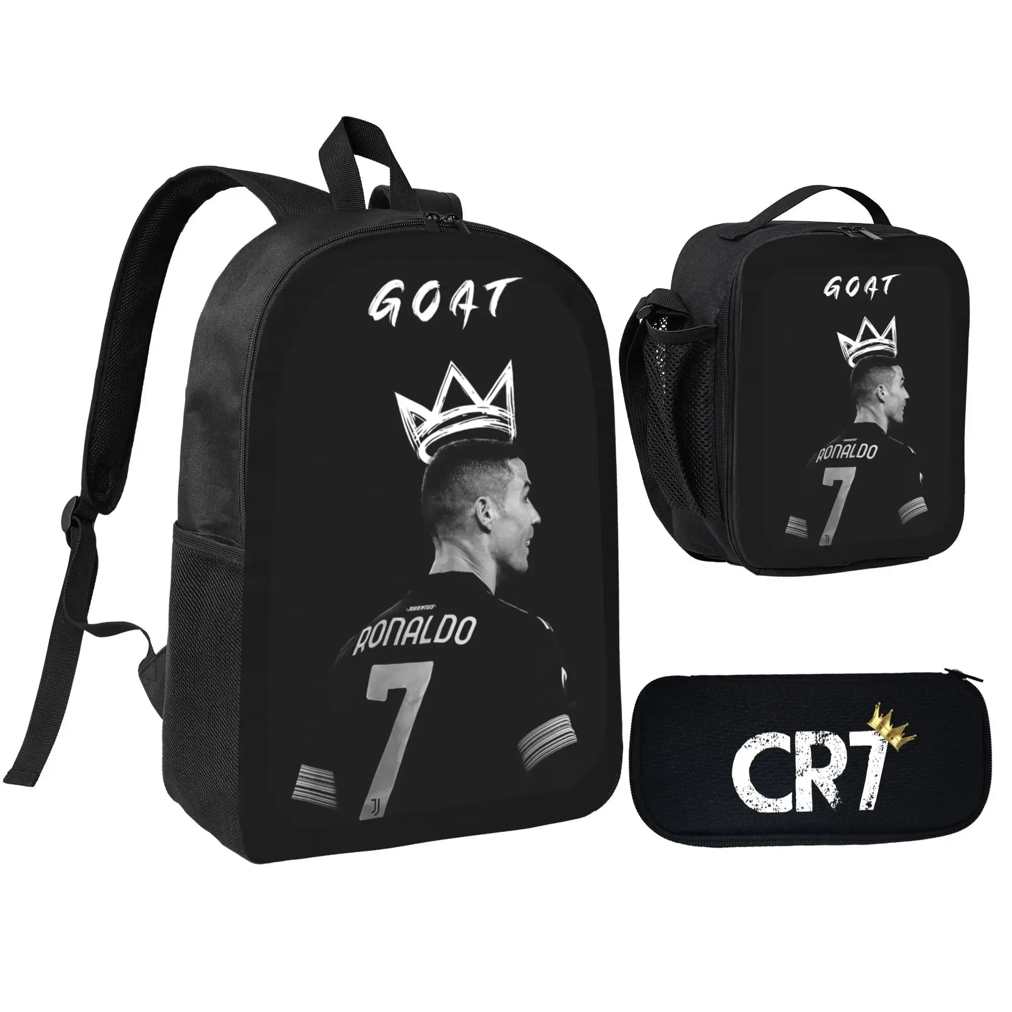 CR7 Backpack 3PCS Cartoon School Bag for Elementary Middle School Students 17inch Kawaii Book Bag with Lunch Bag Pencil Case