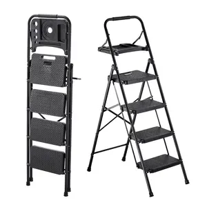 4-Step Folding Ladder With Wide Anti-Slip Pedals, Built-In Tool Tray, Comfortable Handgrip, 600 Lb Capacity, Portable Steel Construction, Multi-Use Step Stool For Kitchen, Home, Office, Garage And Household, Black
