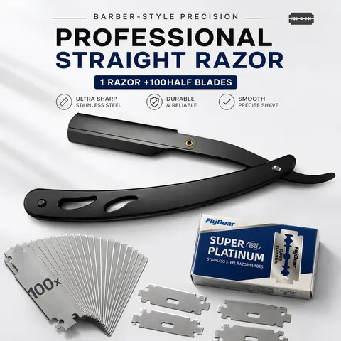 Men's Barber-Grade Straight Blade Razor Set - Anti-Slip Stainless Steel Tool, 100-Blade Supply of Unscented Individually Packaged Refills, Easy-Replacement Folding Device, Beard Grooming Tools for Daily Shaping & Clean Shaves