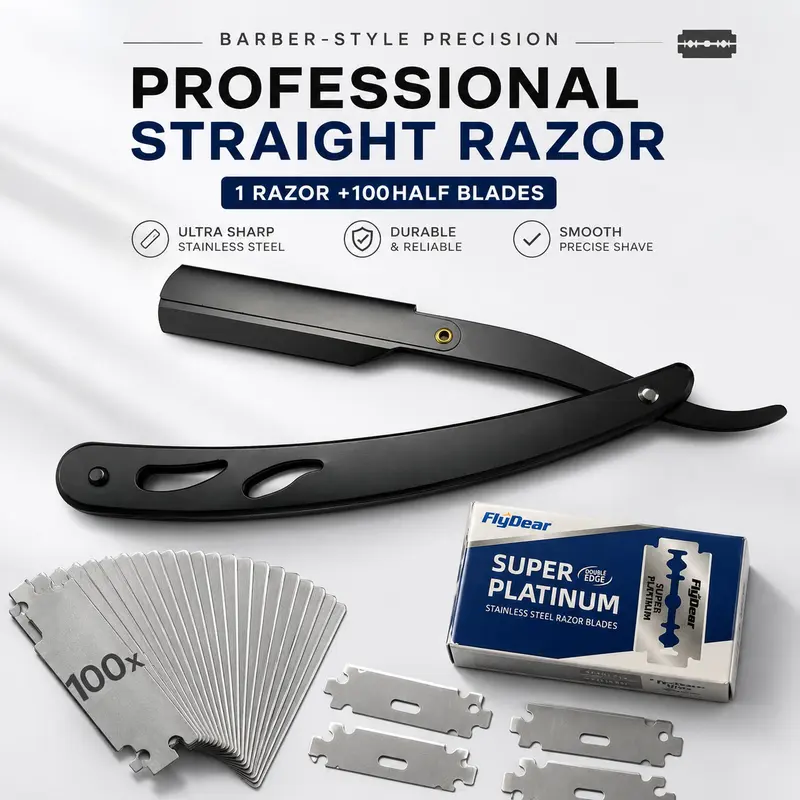 Men's Barber-Grade Straight Blade Razor Set - Anti-Slip Stainless Steel Tool, 100-Blade Supply of Unscented Individually Packaged Refills, Easy-Replacement Folding Device, Beard Grooming Tools for Daily Shaping & Clean Shaves