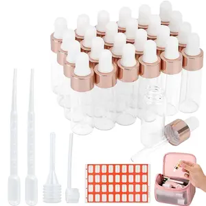 Pack of 25 Transparent Glass Dropper Bottles 0.17 oz Mini Glass Bottles with 0.07 oz Dropper Pipette Long Tube Dispenser 36 Labels for Essential Oils Perfume