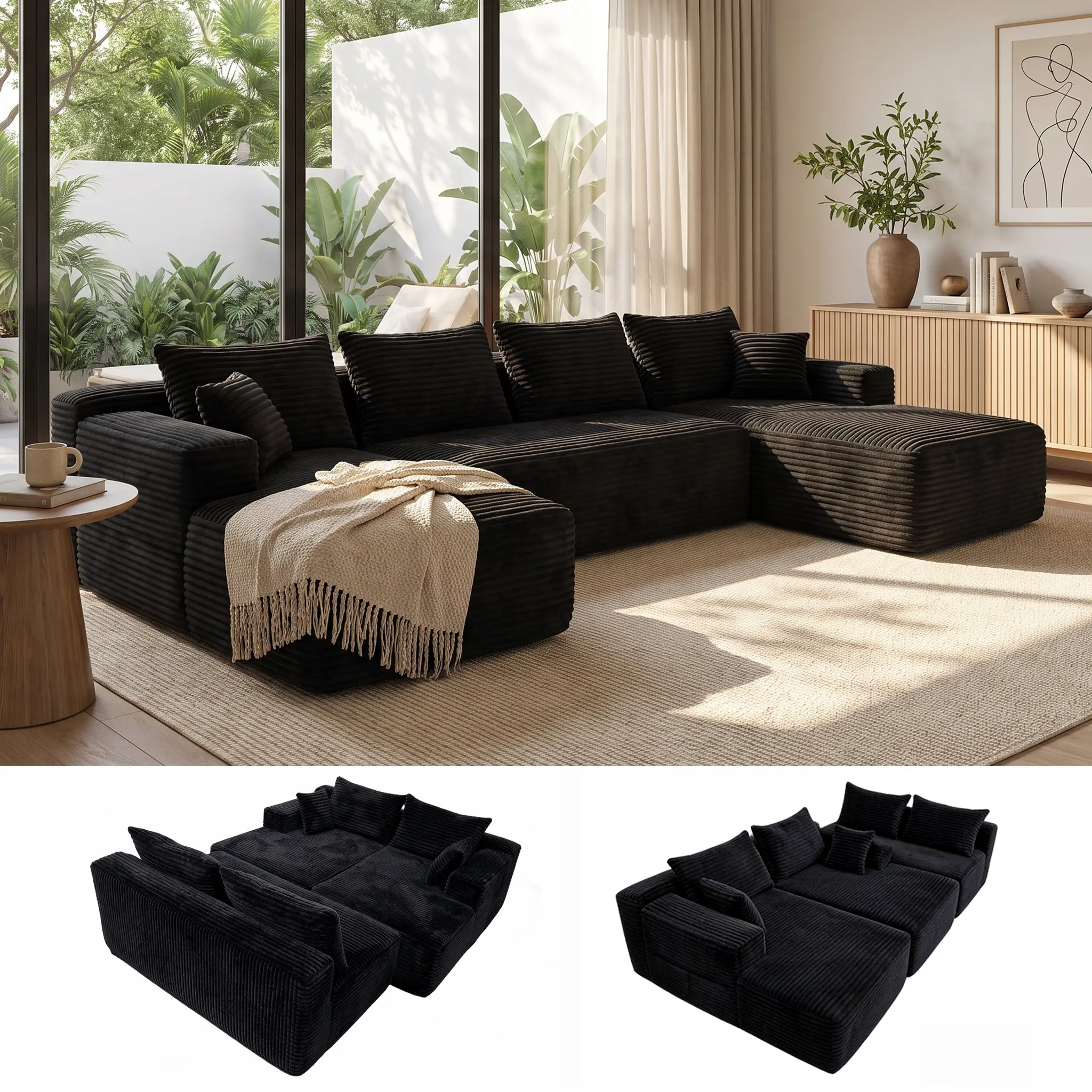 130" U-Shaped/94" L-Shaped Corduroy Modular Sectional Sofa, Cozy Cloud Couch with Foam & Spring Support, Freely Rearrangeable Seating, No Assembly Required for Living Room【1-2 Packages Shipping】