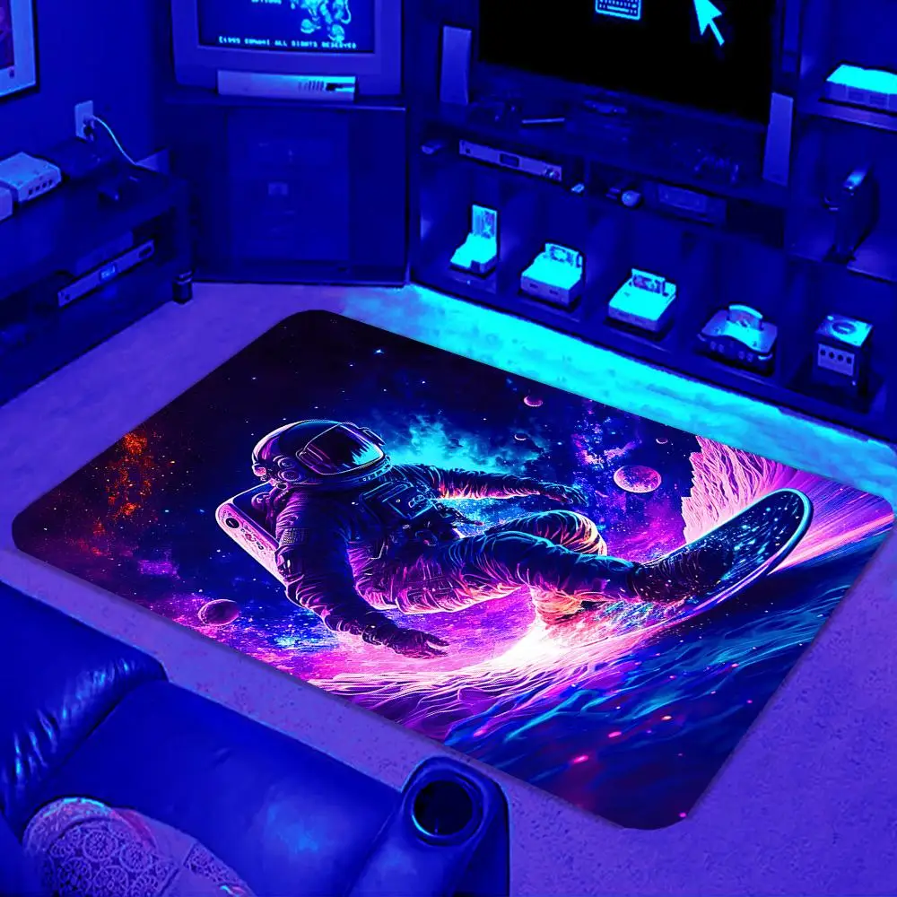 3d Astronaut Pattern Flannel Carpet, 1 Count Non-slip Uv Light Reactive Area Rug, Cool Bedroom, Summer Bedroom Decor, Decorative Mat for Living Room,