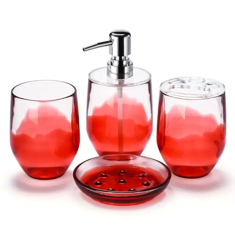 4-Piece Acrylic Glass Bathroom Accessory Set, Red, Includes Wipe Holder, Soap Dispenser, Toothbrush Holder, Easy Clean Home Bathroom Gadget