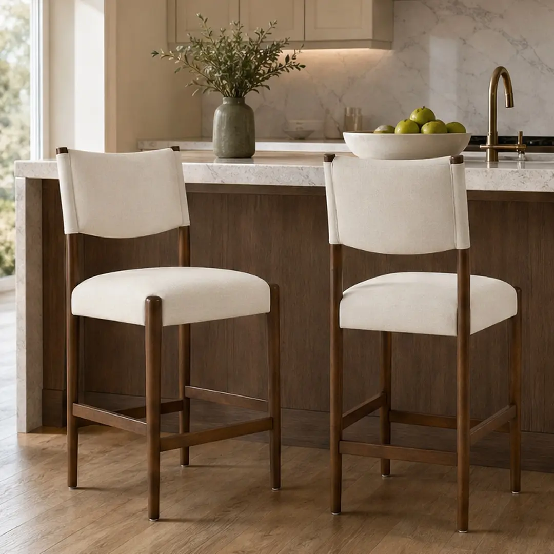 Set of 2 Counter Height Bar Stools with Walnut Finish Rubber Wood Frame, Beige Linen Upholstered Kitchen Island Chairs, 26.4" Seat Height, Modern Dining Stools for Home Bar Coffee Shop, 2-Pack, Beige/Walnut Color Options, Fabric/Rubber Material