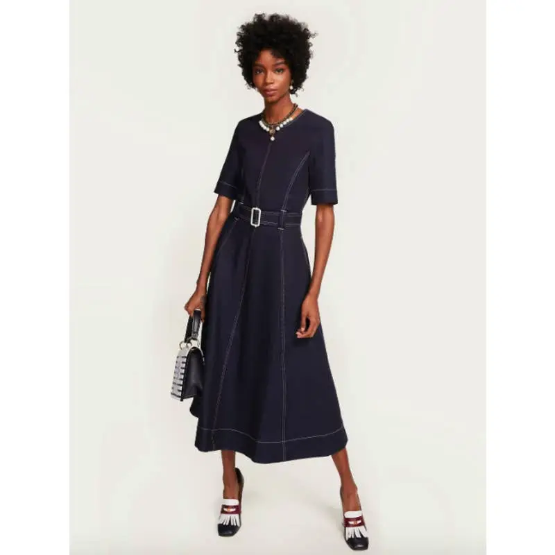 Tommy Hilfiger HILFIGER COLLECTION BELTED NAUTICAL DENIM MIDI DRESS