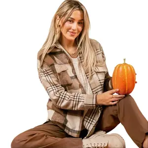 Cali Chic Women Jackets Shacket Light French Beige Flannel Plaid Double Flap Pocket  Casual Coats Womenswear