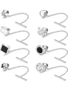 8 Pcs Silvery Golden Elegant Tie Tacks for Men Women Classic Solid Copper Tie Pins Delicate Connecting Chain Stable Structure Smooth Polished Surface Premium Texture Durable Service Life Practical Necktie Decoration Set Simple Versatile Design Accessories