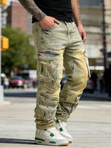 Men Vintage Multiple pockets Baggy Cargo Jeans Trousers Stylish Streetwear Male Solid color Carpenter Straight Denim Pants Casual Classic Menswear