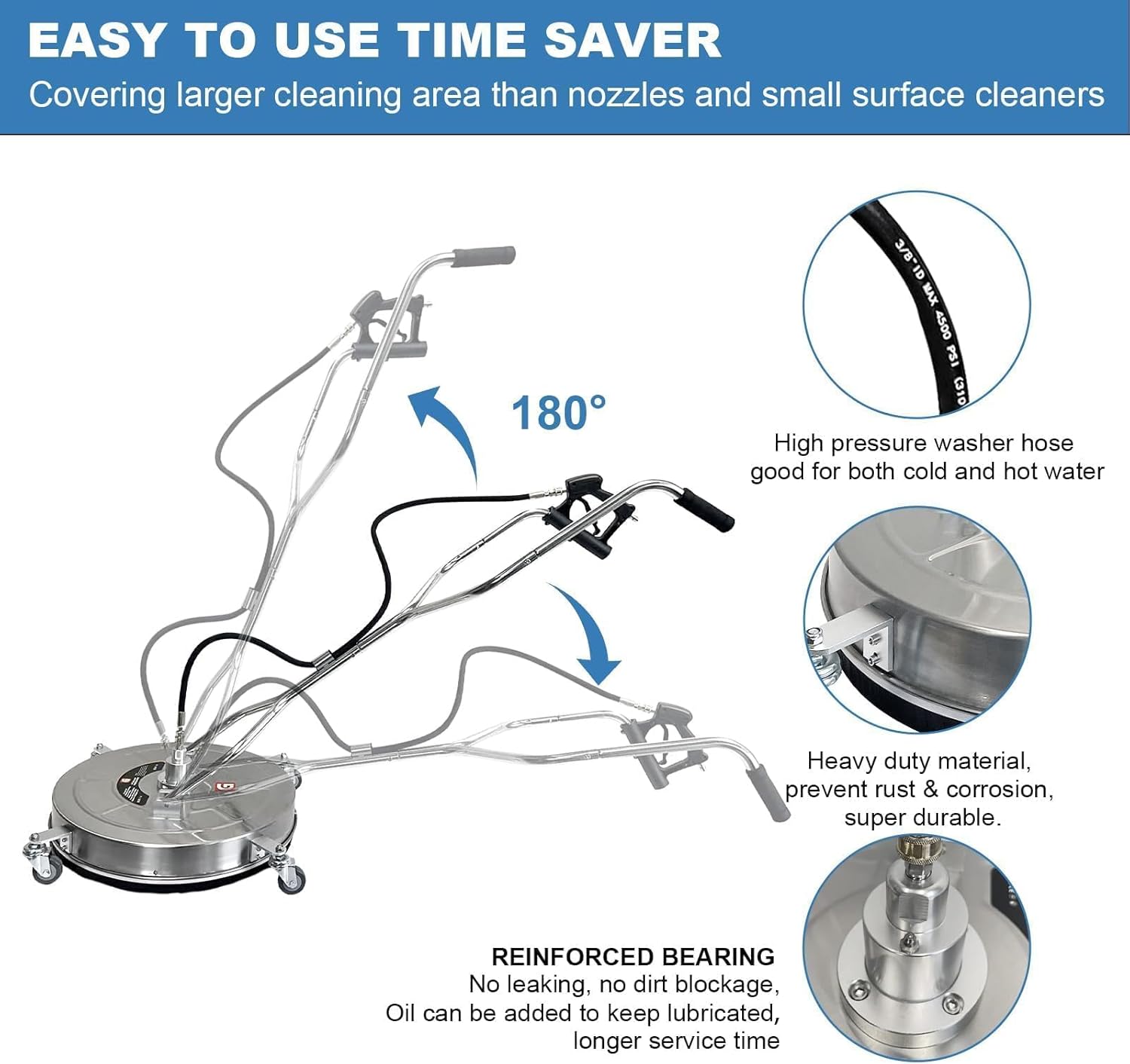 20" Pressure Washer Surface Cleaner with 4 Wheels & Dual Handles, 4600 PSI 12 GPM Stainless Steel Surface Cleaner Attachment with 2 Nozzles for Driveways, Sidewalks, Decks & Patios, Commercial Grade 20" Pressure Washer Surface Cleaner with 4 Wheels & Dual Handles, 4600 PSI 12 GPM Stainless Steel Surface Cleaner Attachment with 2 Nozzles for Driveways, Sidewalks, Decks & Patios, Commercial Grade