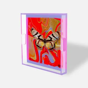 Scarlet Marble Flight - Artistic Butterfly Decor Ornaments Room Square Acrylic Tray 14x14x2 for Entertaining & Home Decoration