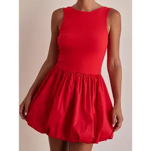 Women's Sleeveless Red Dress - Ribbed Slim-Fit Tank Top & Playful Puffy Skirt, Casual Summer Dress, Machine Washable Solid Color Outfit for Adults Clothes Fabric Womenswear Polyester Suits Cotton Crewneck Fitted 【Red】 wedding guest dresses gold dress
