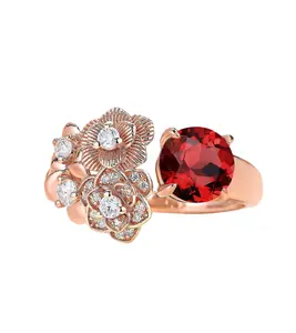 RegalGemWorks Vintage Floral Round Ruby Engagement Ring in 18k Rose Gold with Moissanite Accents, Nature-Inspired Leaf Design, Promise Ring, Anniversary Band, Bridal Gift, July Birthstone Jewelry, Personalized Wedding Band for Her