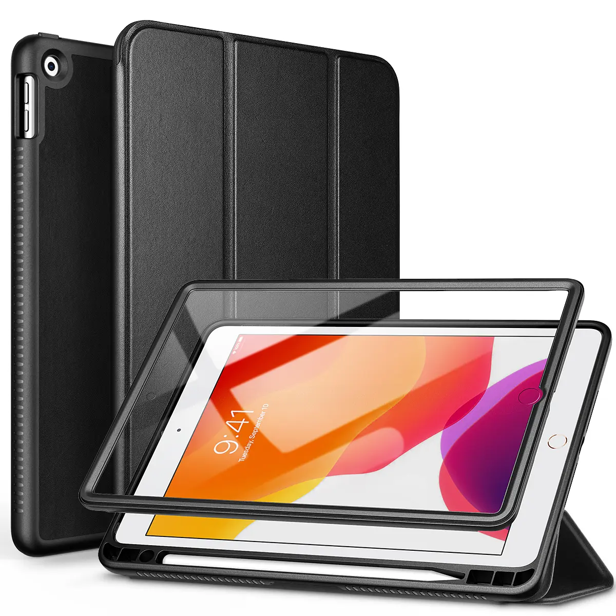 SURITCH for iPad 9th/8th/7th Generation, iPad 10.2 Case, [Built in Screen Protector] [Pencil Holder] Lightweight Leather Case Smart Cover and Magnetic Trifold Stand for iPad 2021/2020/2019