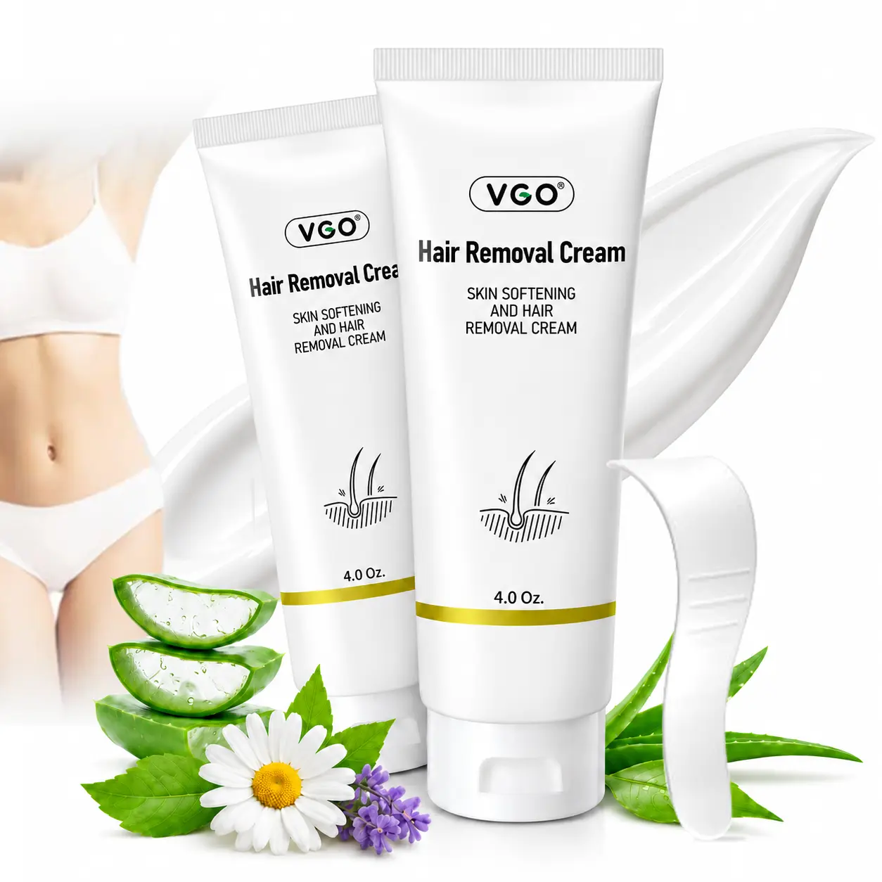 VGO Painless Hair Removal Cream for Women & Men, Hair removal cream for body, back & legs, All Skin Types, 4.06oz w/Spatula -A