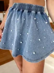 Blue Denim Pearl Embellished Elastic Waist Mini Skort, Soft Denim Fabric Offers Structure While Keeping The Look Feminine and Stylish.