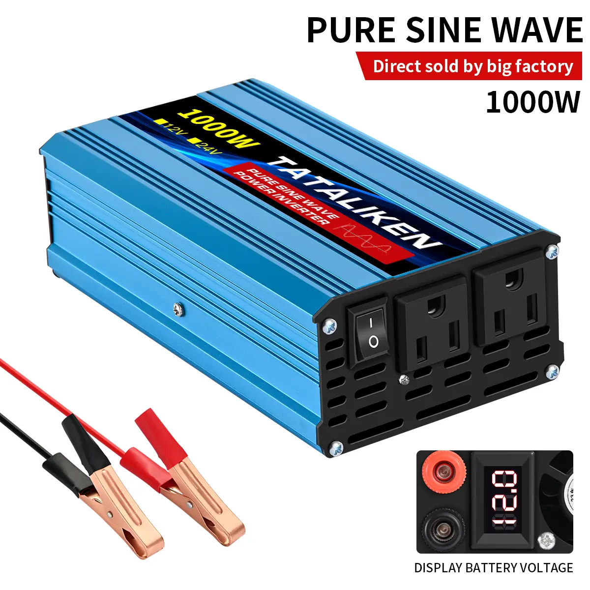 TATALIKEN 12V-24V 1000W Pure Sine Wave Portable Inverter - DC to AC 110V Emergency Home Power Supply with Overload Protection for Camping, Mobile Devices