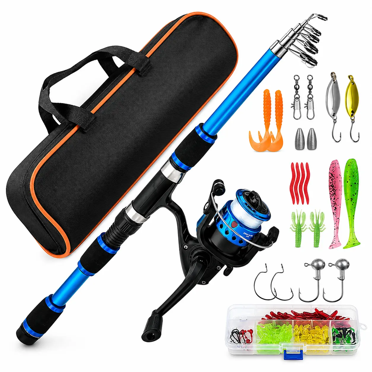 Portable Telescopic Fishing Rod-Reel Combo, Compact Fold Lightweight High Strength Complete Kit with Pre-Spooled Tangle-Free Reel, Tackle, Lures, Carry Bag for Outdoor Sports, Lake Fishing