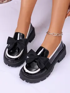 Women's Sweet Mary Jane Shoes, Round Toe Bow Design, Synthetic Leather, Flat Heel, Casual Spring & Fall Footwear, Medium Width