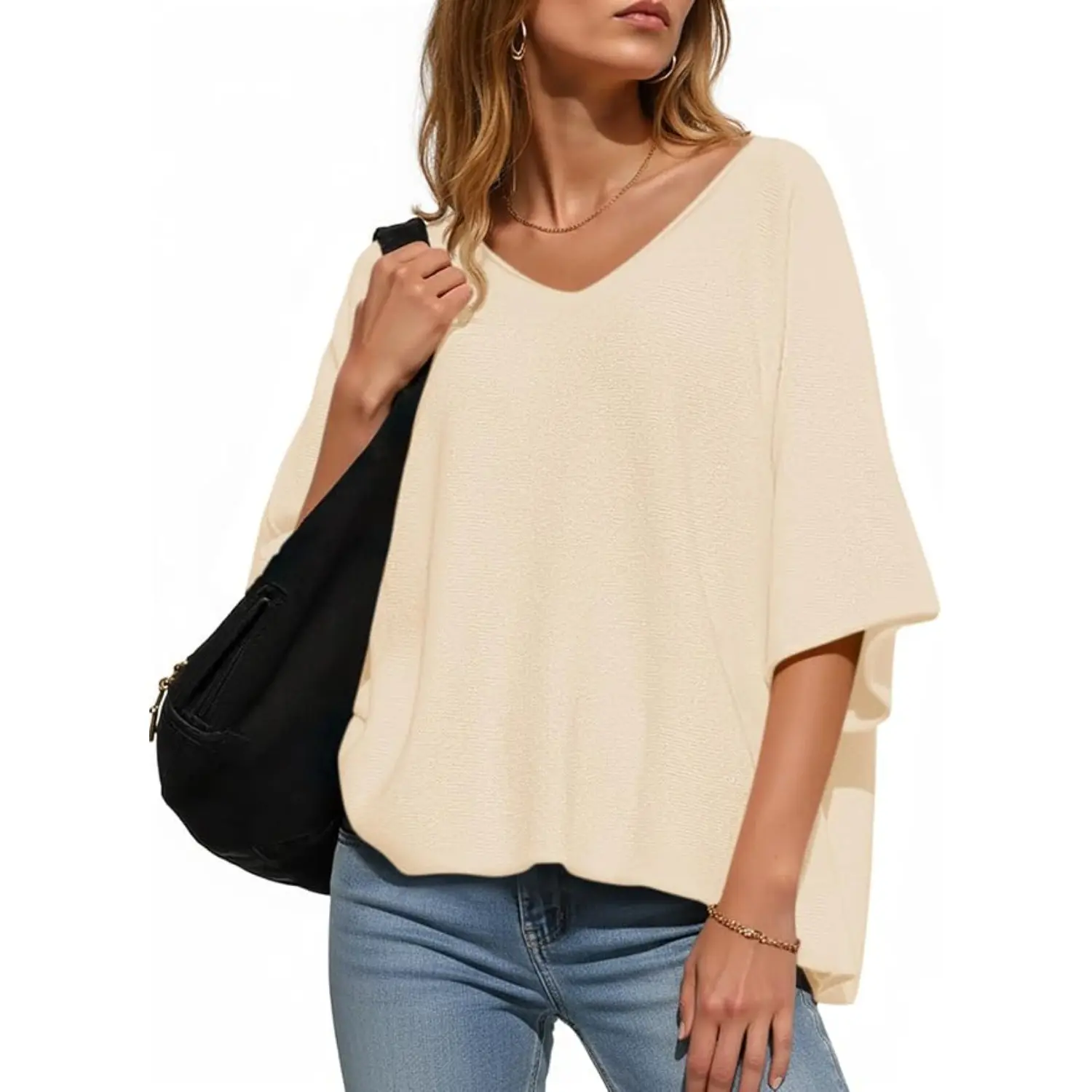 Saodimallsu Women's Lightweight Knit Sweater, Elegant Oversized V-Neck Top with Batwing Sleeves and Rolled Hem, Style