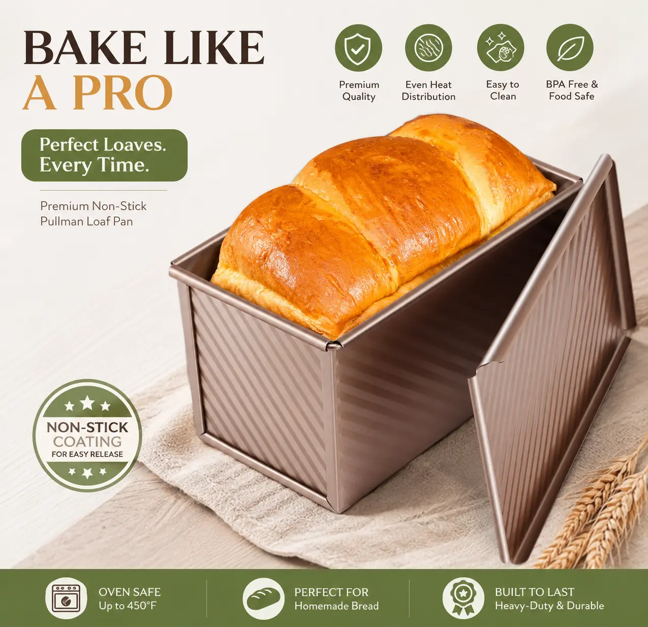 1lb Pullman Bread Pan with Lid - Premium Nonstick Carbon Steel Square Baking Tin, Corrugated Base, Easy-Release Bakeware for Shaped Homemade Sandwich Loaves & Sourdough Baking