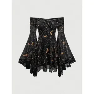 Ancient vintage sleeve A-line dress with eye-catching star-shaped and moonlight prints, paired with eye-catching sleeves – women’s fashion long-sleeved party dress