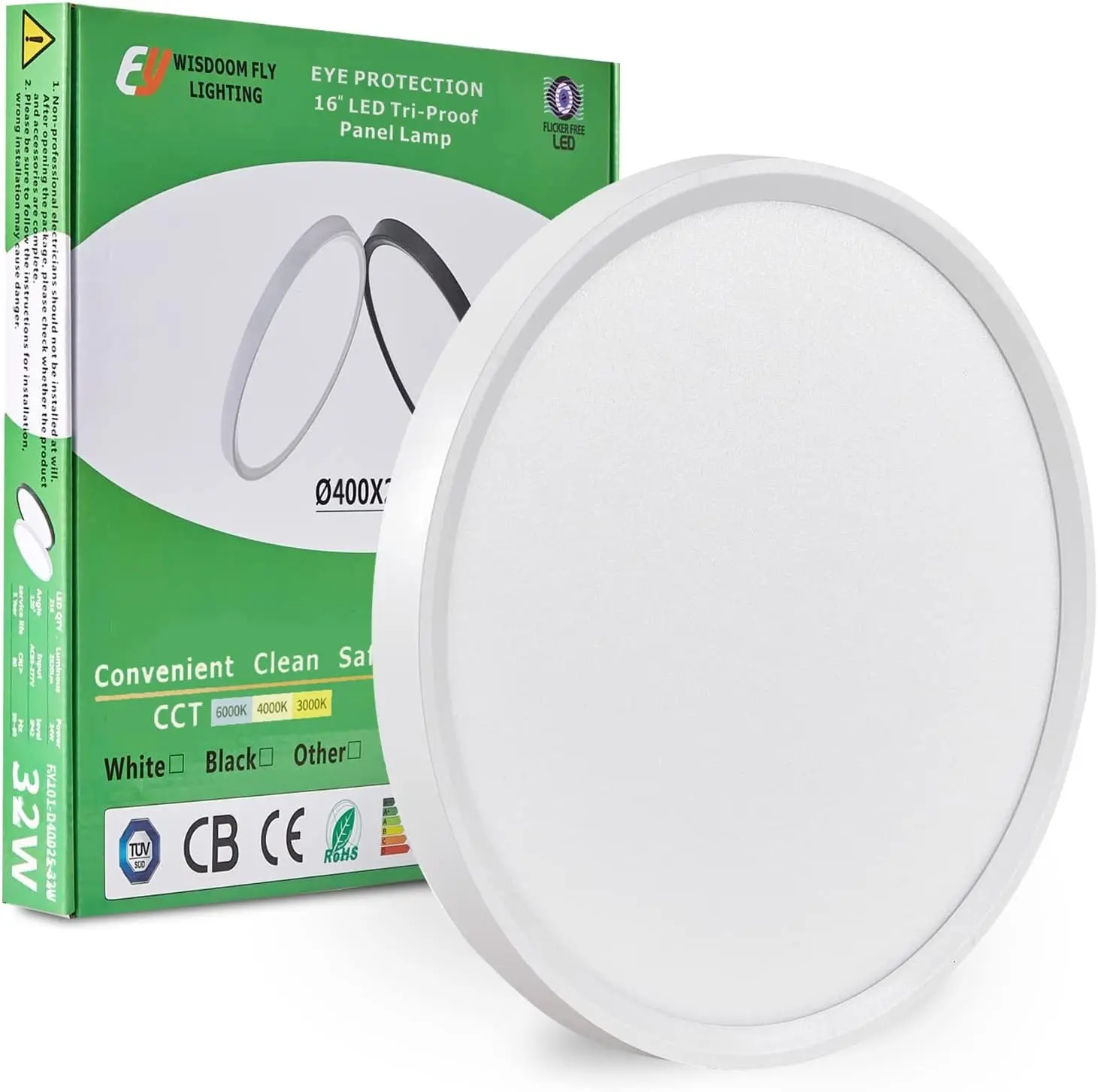 15.8 Inch LED Flush Mount Ceiling Light - 32W Power, 3480LM, CCT Adjustable (3000K/4000K/6000K), Round Flat Panel Light for Hallways, Kitchens