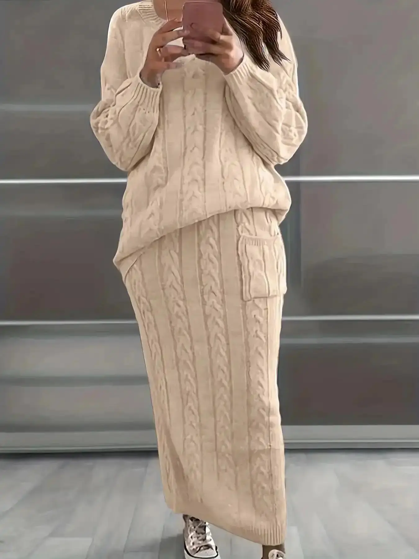 Women's Solid Cable Knit Sweater & Pocket Skirt Set, Long Sleeve Round Neck Jumper & Long Skirt, Two-piece Casual Matching Set Outfits for Daily Wear, Clothes, Trendy, Stylish, Relaxed
