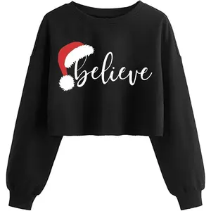 Women's Christmas Holiday Crop Sweatshirt Funny Xmas Graphic Lantern Long Sleeve Pullover Winter Family Matching Top