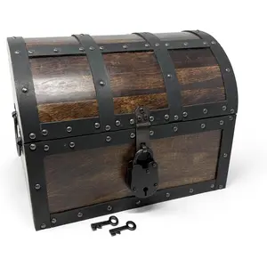 Wooden Treasure Chest Storage Box - Deluxe Design with Real Leather Accents, Working Iron Lock & , Decorative Keepsake Chest (Large - 12 x 9 x 9")