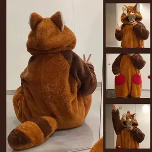 Winter Cute Cartoon Animal Velvet Jumpsuit Warm Fleece-lined Hooded Nightgown Raccoon Cosplay Ear Tail Sleepwear Clothes