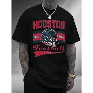Men's Houston Football Team Logo T-Shirt - 100% Cotton Casual Short Sleeve Shirt with Officially-Inspired Logo Print, Team Colors & Numbered Design for Sports Fans, Game Day & Casual Attire (Ideal Gift)