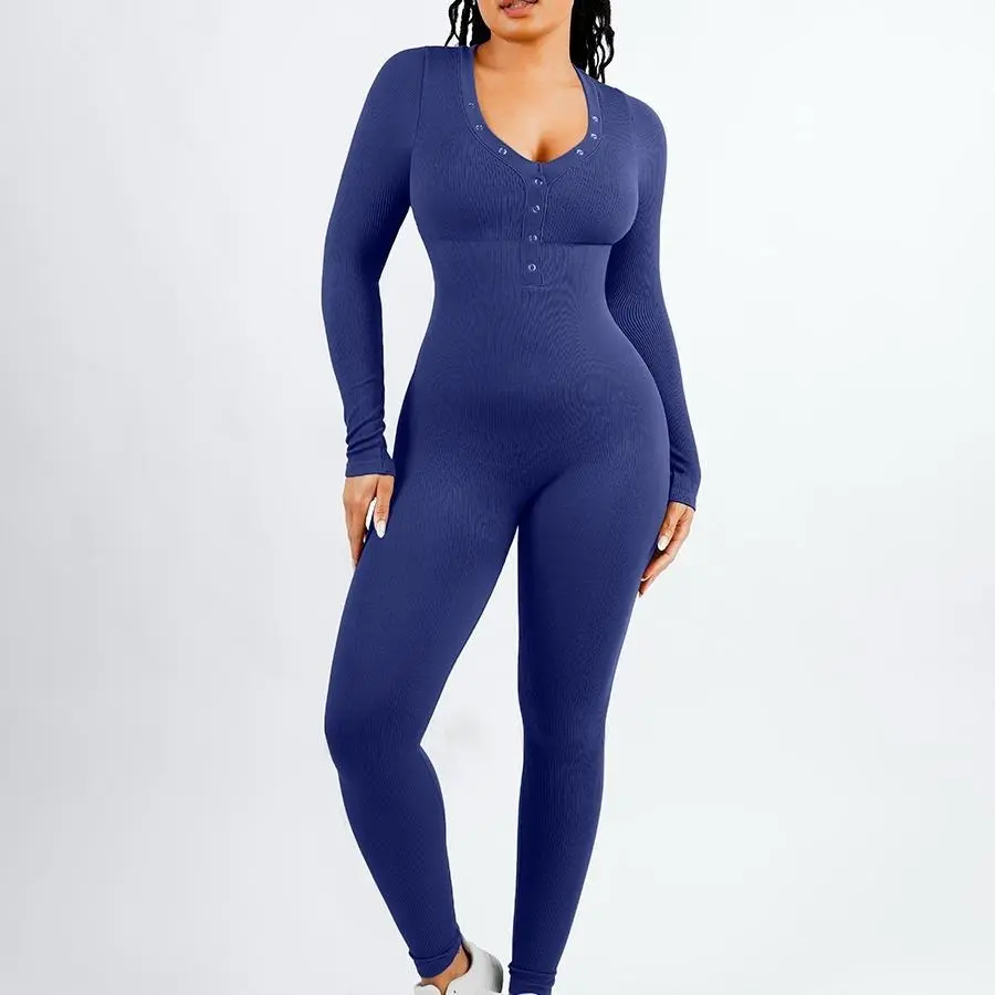 FeelinGirl Women's Long Sleeve V-neck Bodycon Jumpsuit One-piece Seamless Ribbed Romper Long Skinny Sportswear FeelinGirl Women's Long Sleeve V-neck Bodycon Jumpsuit One-piece Seamless Ribbed Romper Long Skinny Sportswear