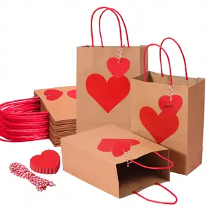 Heart Pattern Gift Bag, 24pcs/set Kraft Paper Gift Bag with Handle, Creative Gift Packaging, Gift Wrapping Supplies for Wedding, Party, Birthday, Festival