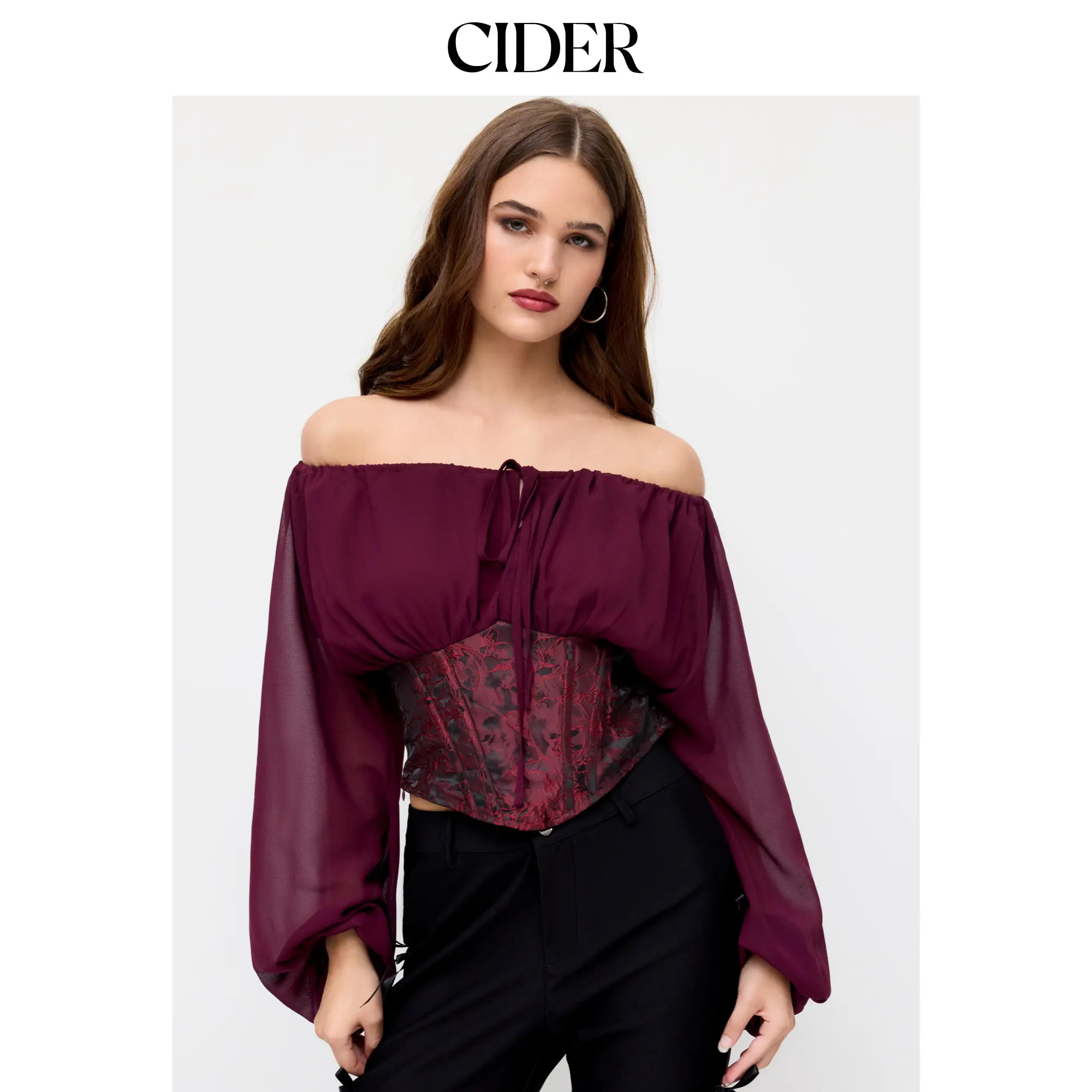 Cider Women's Jacquard Off-the-Shoulder Long-Sleeve Knotted Lace-Up Corset Blouse, Stylish Tops for Women, Longsleeves Shirts, Off-the-Shoulder Ruffle Sleeve Blouses & Shirts, Puff Sleeve