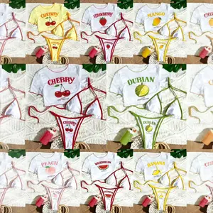 2026 Women’s Cute Sweet Like Me Cherry 3 Piece Bikini Set, Shirt Top with Triangle Bottom Casual Summer Vacation Swimwear for Women