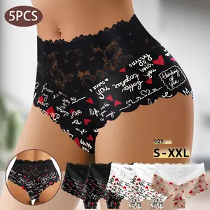 5-Pack Women's Mid-Rise Lace Briefs, Romantic Heart & Handwritten Script Print Design, Delicate Lace Waistband & Trim, High Cut & Full Coverage, Soft Breathable Fabric for All-Day Comfort, Sizes S–XXL