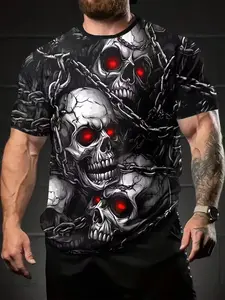 Men's Eye Skull Pattern 3D Printed T-Shirt, Summer Casual Streetwear Short Sleeve Round Neck Top, Outdoor Sports & Leisure, Washable, Plus Size