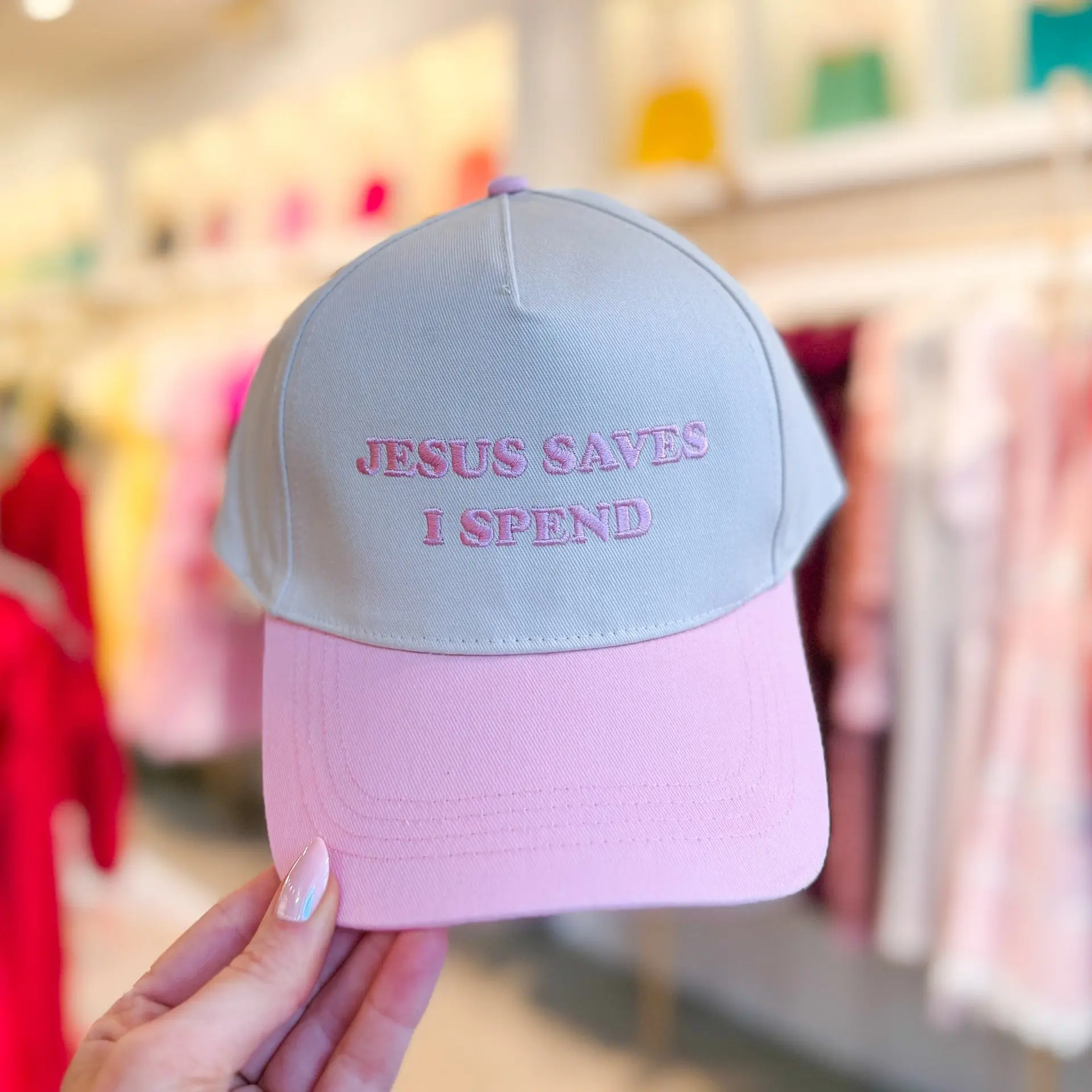 Jesus Saves I Spend Trucker Hat – Baby Pink and Gray Embroidered Funny Christian Cap, Aesthetic Two-Tone Snapback for Women, Faith & Fashion Gift Idea