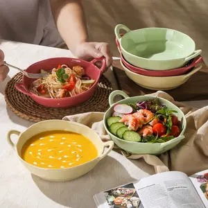 Ceramic Soup Bowl with Handle, 17 oz French Vegetable Soup Bowls, Microwave & Oven Safe, Salad Serving Bowl, Tableware for Stews, Pasta, and Cereal