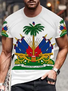 Men's Haitian Culture Tropical Short Sleeve Top, National Emblem L'union Fait La Force Slogan, Patriotic Casual Shirt, Fitted Long Sleeveless Design