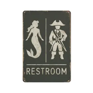 Vintage Style Restroom Bathroom Metal Sign Humorous Mermaid And Pirate Wall Decor Rustic Distressed Design 8x12in Metal Wall Art for Bathroom Toilet Rest Room funny retro