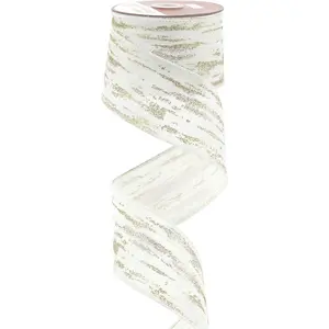 2-1/2 Inch White and  Glitter on  Faux Birch Bark Wired Ribbon - 10 Yard Roll - Rustic Christmas Tree Ribbon for Holiday Decorations, Wreath Supplies, Mantel and Farmhouse  Decor