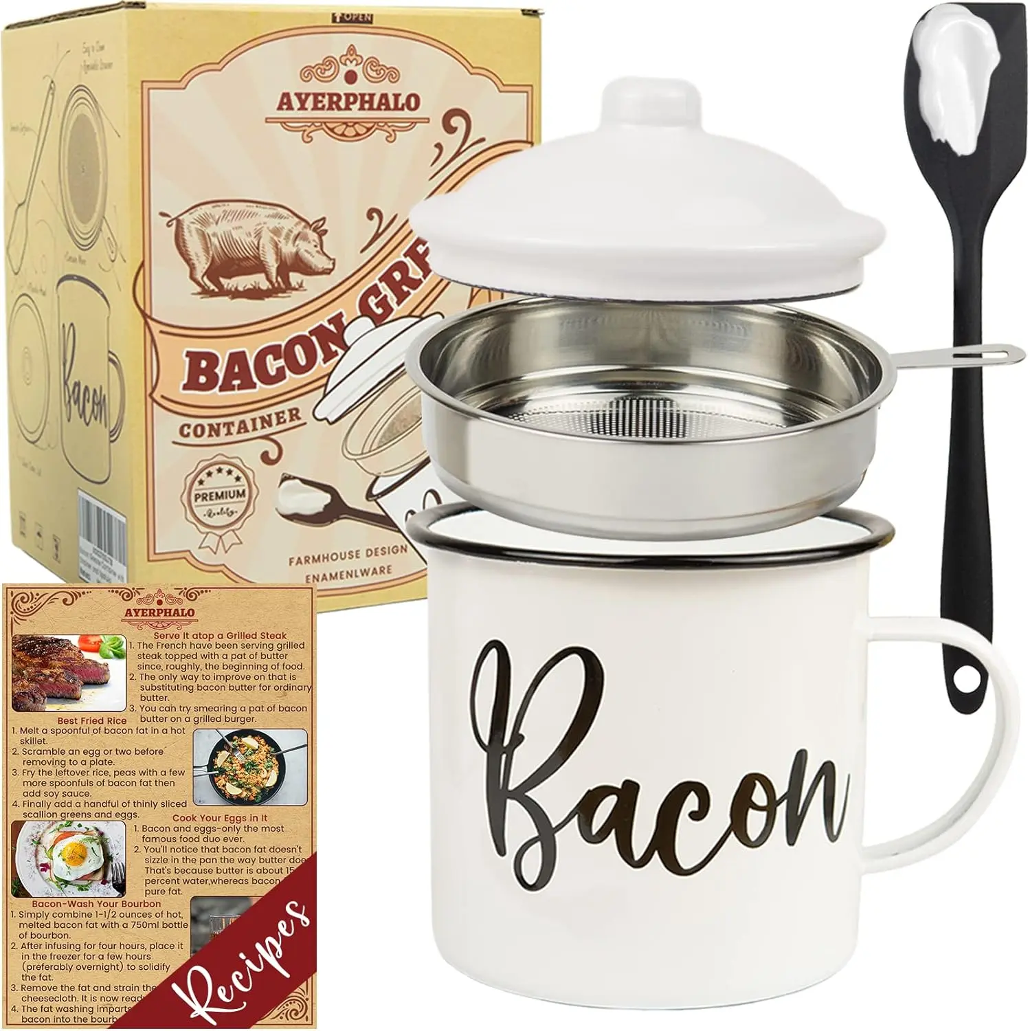 Reusable Enamel Bacon Grease Container with Sifter - Easy-Pouring Kitchen Utensil for Grease Storage, Strainer, Sieve and Colander