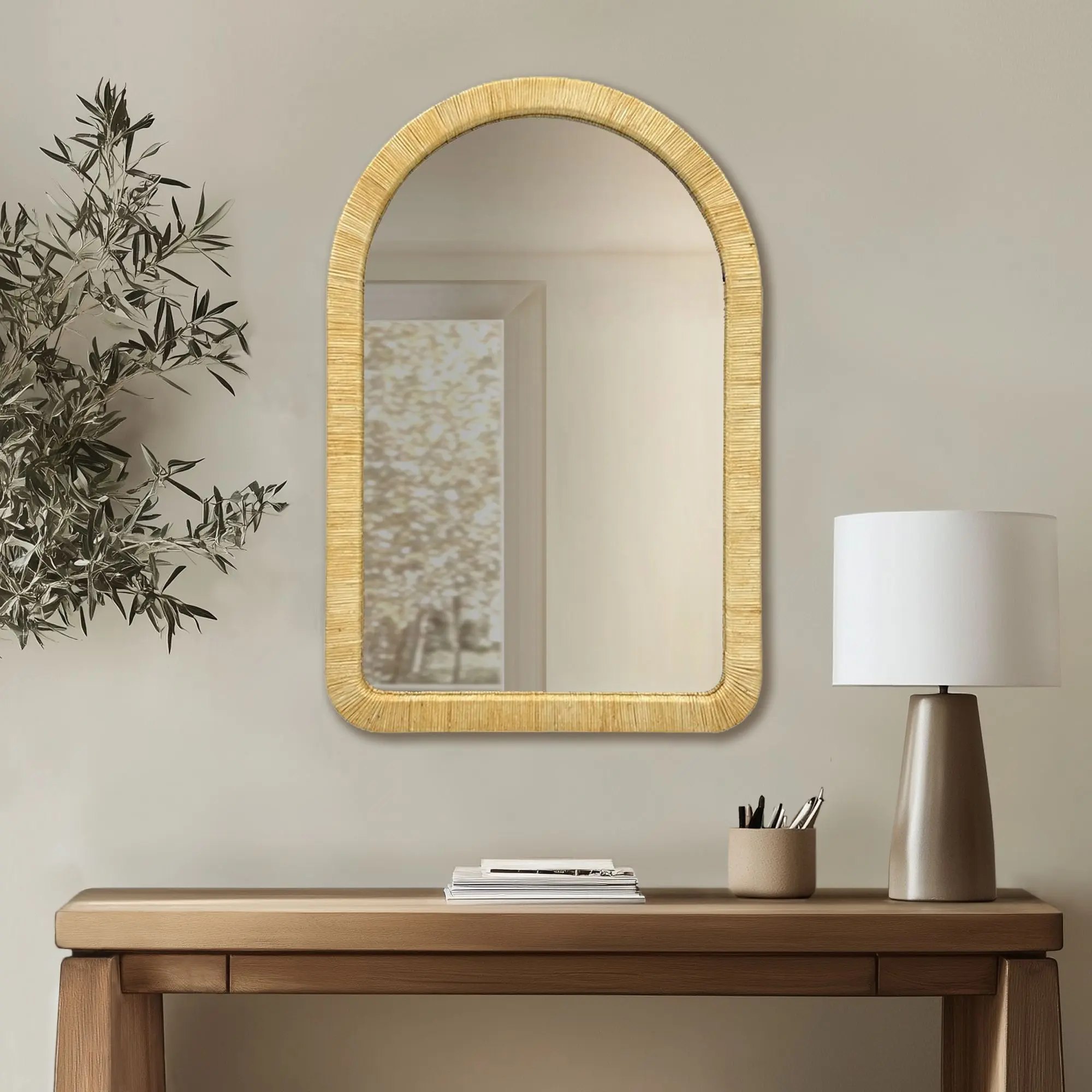 Arched Wall Mirror 39x26 Inches, Handwoven Natural Rattan Frame, Boho Farmhouse Decor for Living Room, Bedroom, Entryway, Hallway, Large Decorative Hanging Mirror