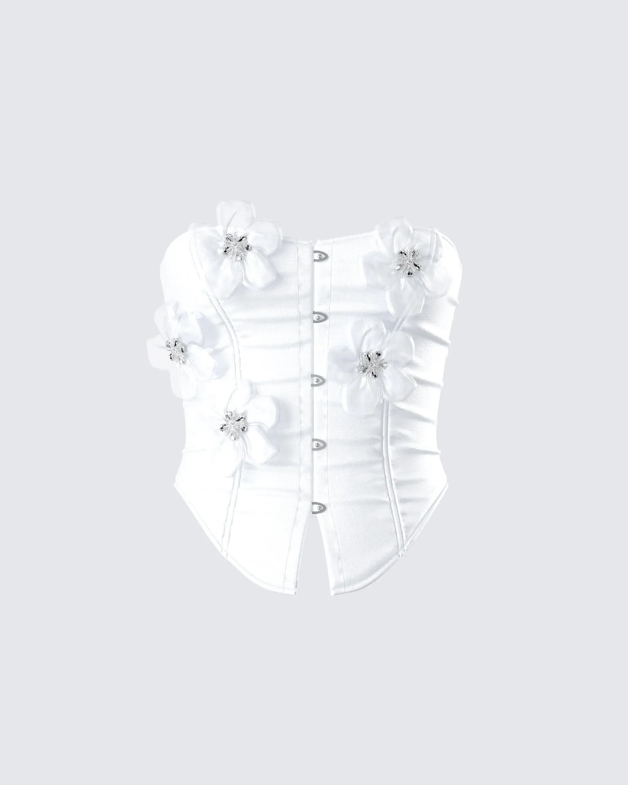Women's Strapless Organza Corset Top with 3D Flowers - Crystal-Embellished Fitted Spandex Bridal Bustier with Internal Boning, Oversized, Corset Fit, Clothes, Oversized Blooms, Floral, Four 3D Organza Flowers