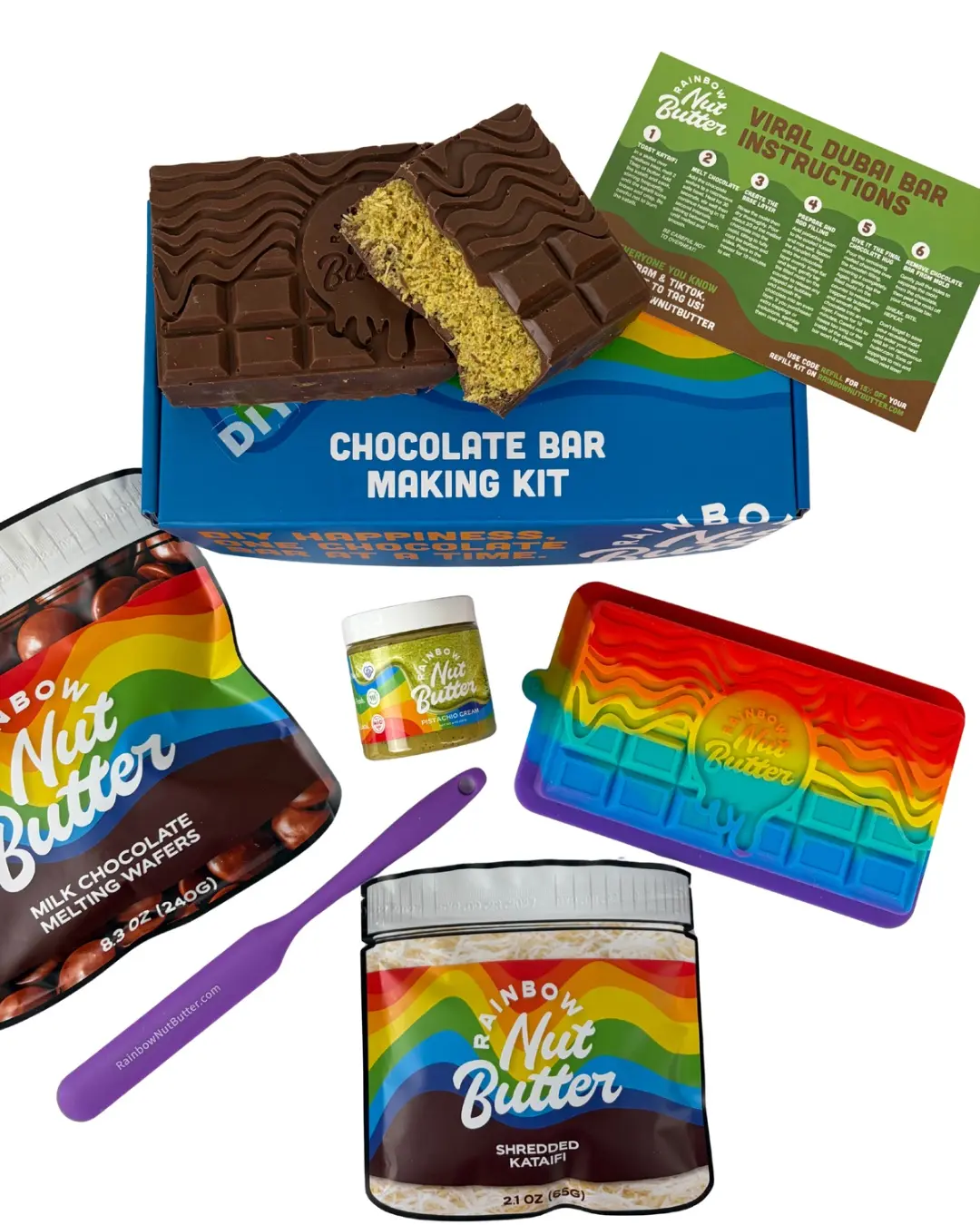 Rainbow Nut Butter DIY Chocolate Making Kit Gift Box - DUBAI Reusable Rainbow Color Rectangle Silicone Mold, Creamy Melting Wafers, Silicone Wand, Instructions, Milk Dessert