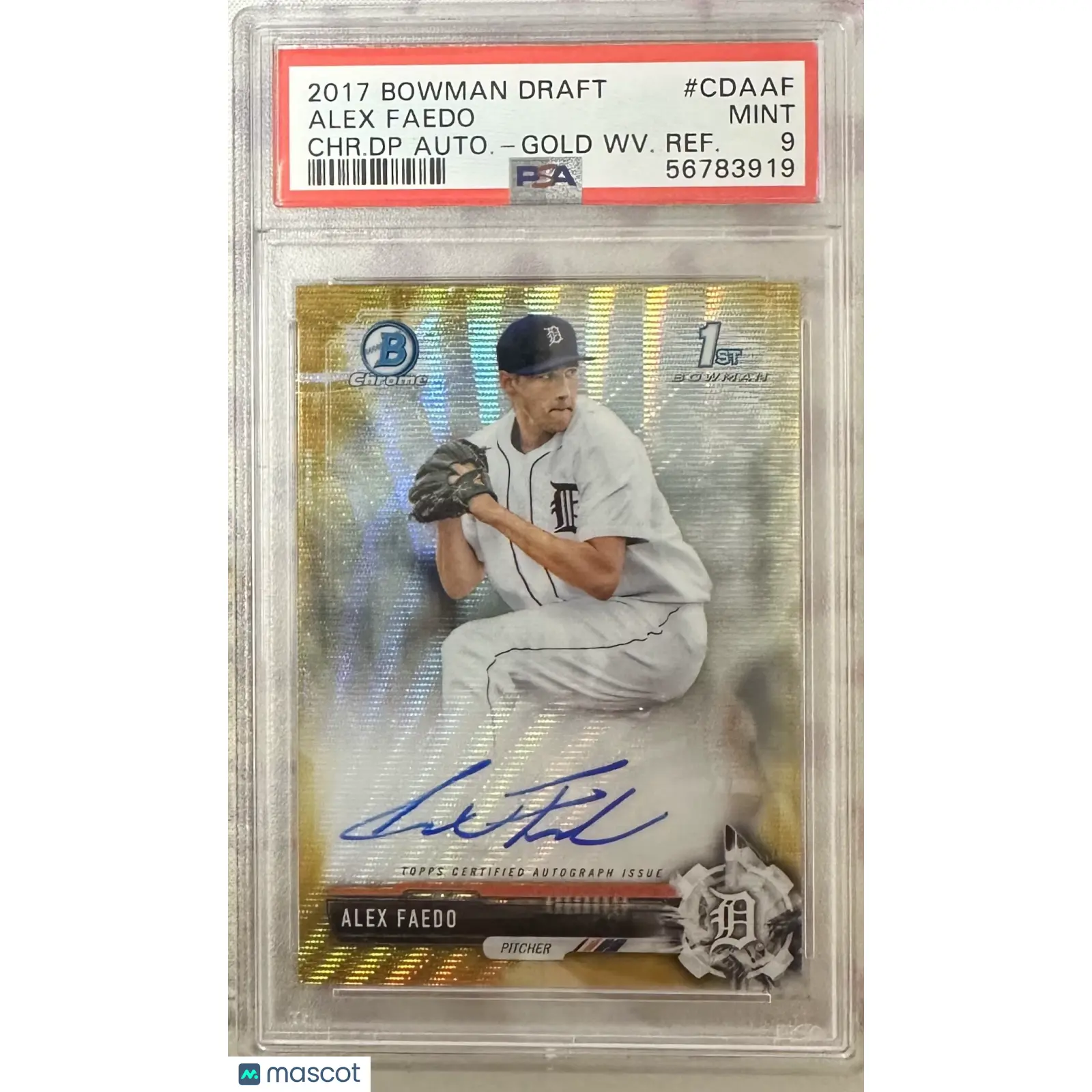 Alex Faedo 2017 Bowman Chrome Draft Autograph Gold Wave Refractor /50 PSA 9