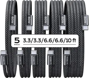 USB C to USB C Cable, 5-Pack [3.3/3.3/6.6/6.6/10FT] for iPhone 17 Charger Cord, 60W C to C Cable Fast Charging for iPad, iPhone 16 15 Pro Max, Galaxy S25/S24 USBC to USBC Cable Gifts for Men
