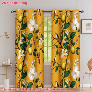 2D Flat 2Pcs Tropical Lemon Tree Birds Floral Print Window Curtain Panels, Semi-Sunshade Privacy Drape with Eyelets for Living Room, Bedroom, Dining, Kitchen, Home Decor, Accessory, Anti-Privacy.